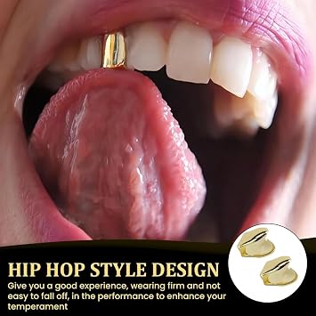 2pcs Solid Hip Hop Teeth Plain,Hip Hop Gold Single Tooth Cap,Hip Hop Teeth Grill Bling Slugs Decoration for Teeth Mouth,Single Top Fang Tooth Grills Cap,Party Accessories Teeth Grills (Golden)