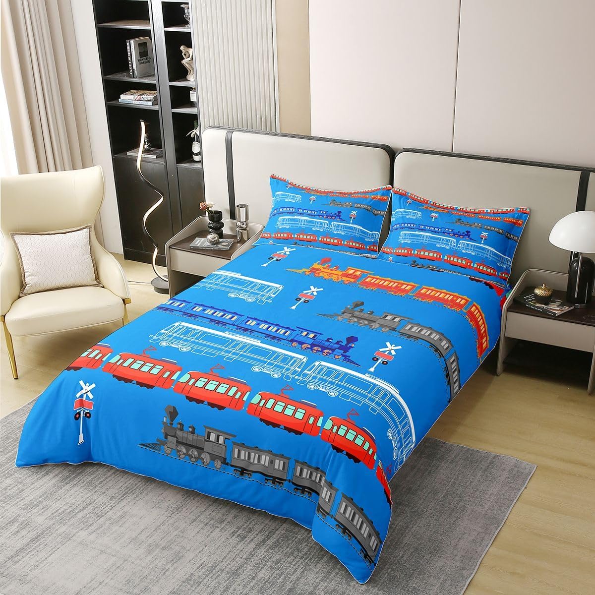 jejeloiu Cartoon Car Duvet Cover 100% Cotton Full Size Vintage Car Comforter Cover Set Train Bedding Cotton Duvet Cover Set for Bedroom Retro Steam Train Blue Light Sign Bedspread Cover