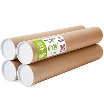4" x 24" Made in USA Kraft Paper Mailing Tube, 4 Tubes, 8 Caps