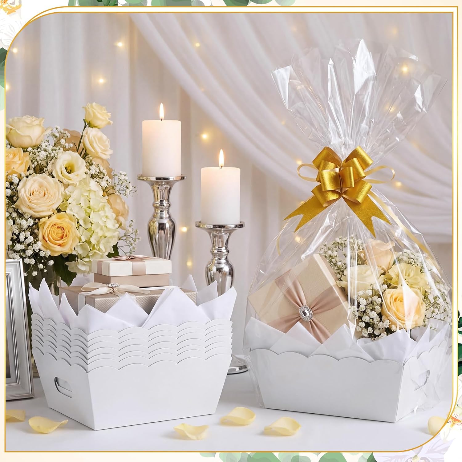Fuyoooo 8 Pack Baskets for Gifts Empty to Fill, Sturdy 10" x 8" Scalloped Edged Empty Gift Basket Kit Bulk with Handles, 8 Wrap Bags, 16 Tissue Paper and 8 Bows for Wedding Mother's Day Party(White)
