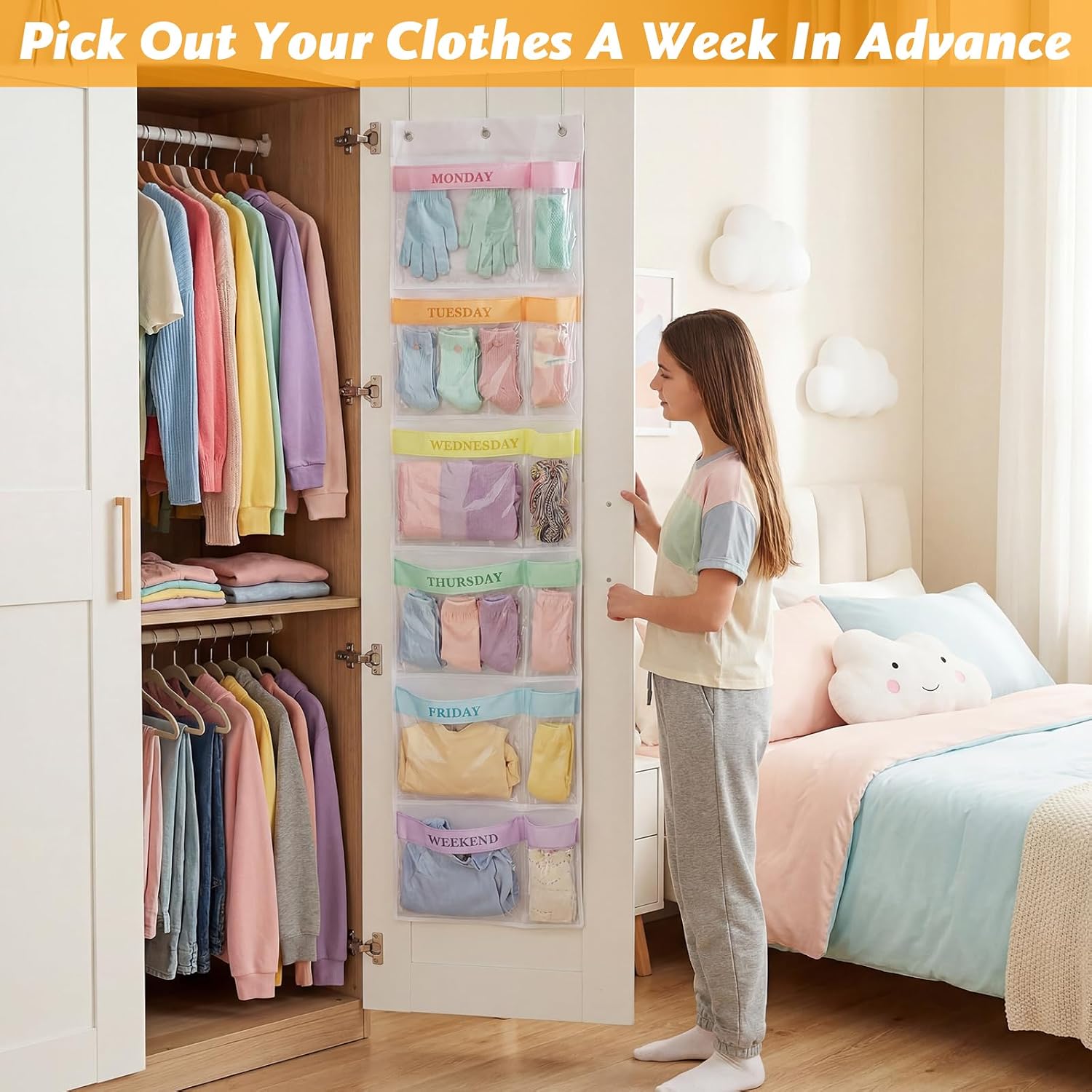 Colarr 2 Pack Weekly Clothes Organizer for Kids 6 Shelf Days of The Week School Clothing Organizer Monday to Weekend Over The Door Hanging Closet Storage for School Outfits