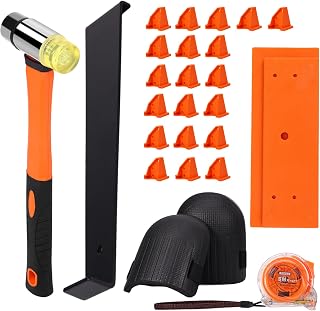 26 Pcs Wood Floor Installation Kit, Laminate Wood Flooring Tools with Rubber Mallet, Flooring Knee Pads, Heavy Duty Pull Bar, Solid Tapping Block,5-Meter Tape Measure and 20 Pcs Spacers