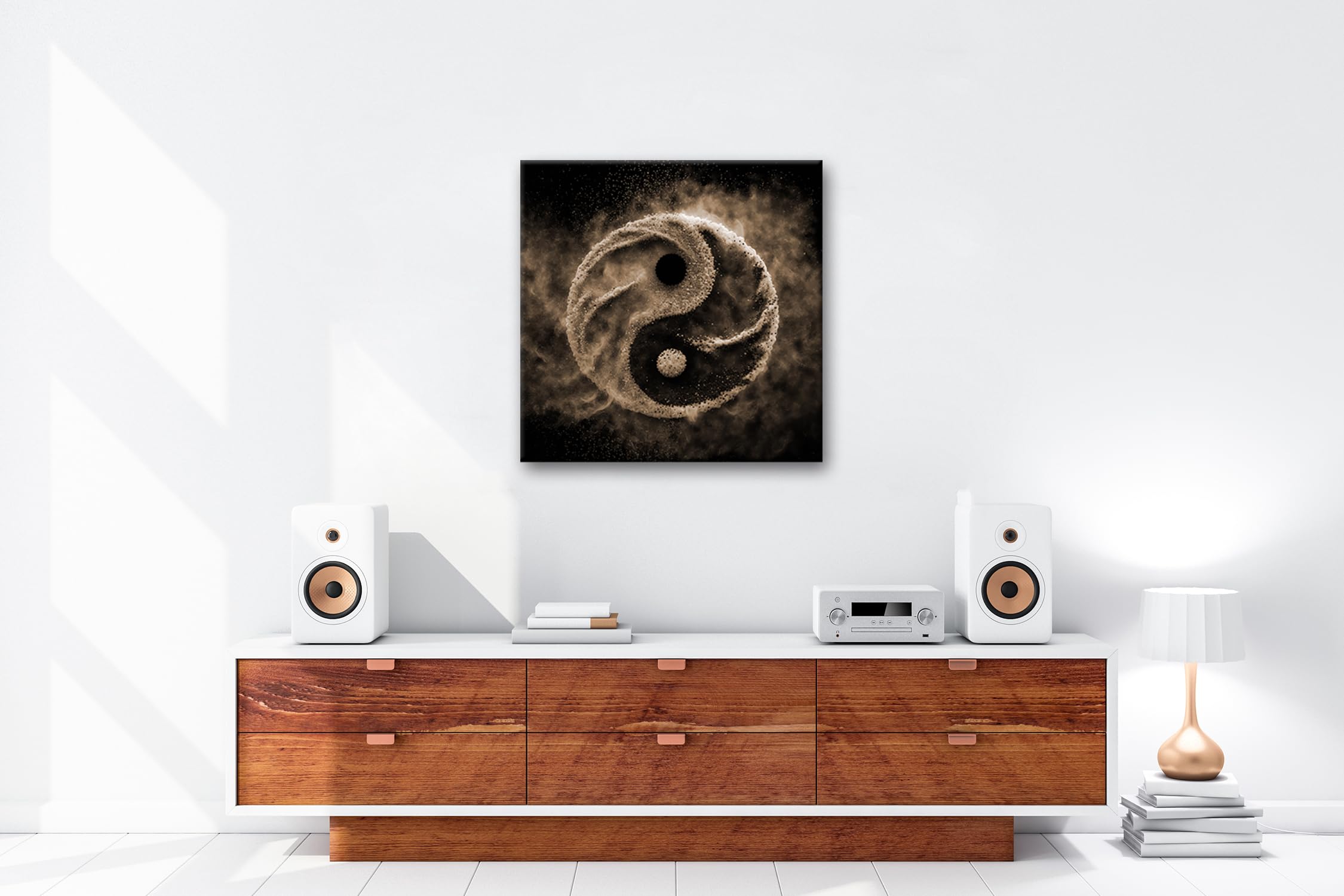 deyoli Leinwandbild Yin und Yang aus Pulver, tanzend im luftleeren Raum Format: 70x70cm Effekt:Sepia XXL Kunstdruck Bild auf Keilrahmen/Wandbild/Wohnzimmer Dekoration