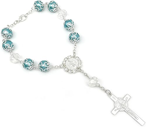 12 pulseras de bautismo, rosario para niñas y niños con dije de cruz católica, recuerdos, bautizo, boda, ducha, fiesta de cumpleaños (plata turquesa)