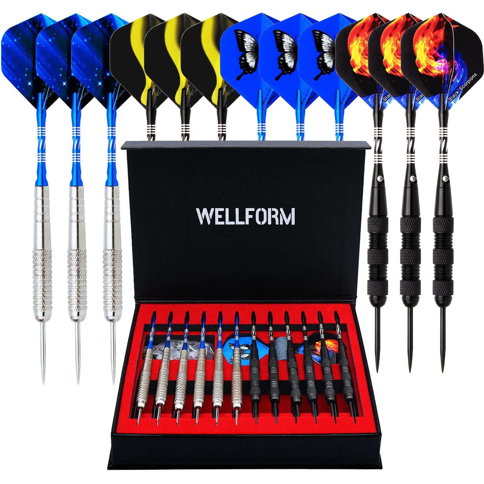 WELLFORM Darts Metal Tip Set，12 Pack 22 Gram with Nonslip Iron Barrel, Darts Steel Tip Set Professional,with 12 Aluminum Dart Shafts, 24 Extra Flights, Dart Sharpener, Dart Wrench, Stylish Gift Box