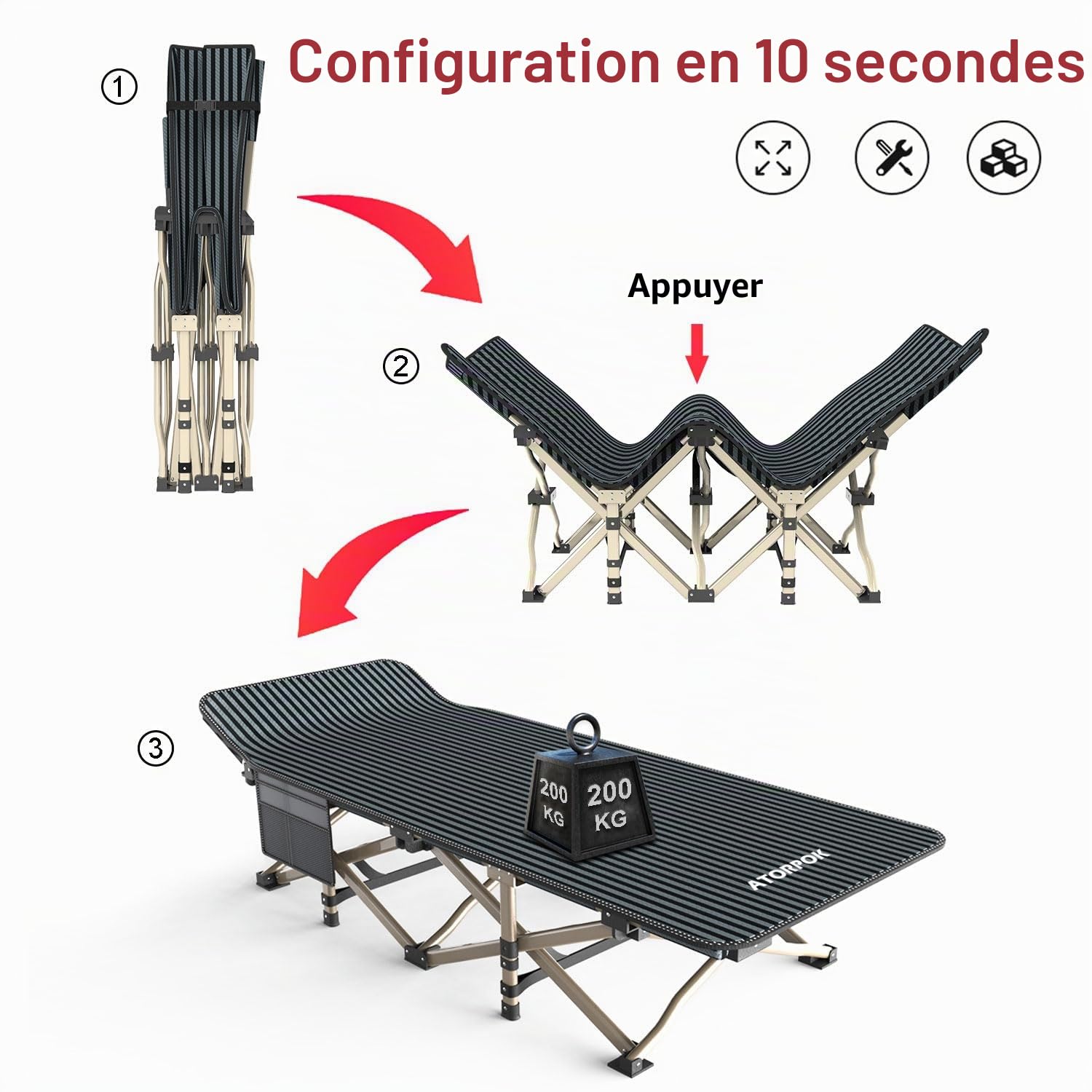 ATORPOK SHOP Lit de camp pliable jusqu'à 200 kg pour l'extérieur, le jardin et l'intérieur