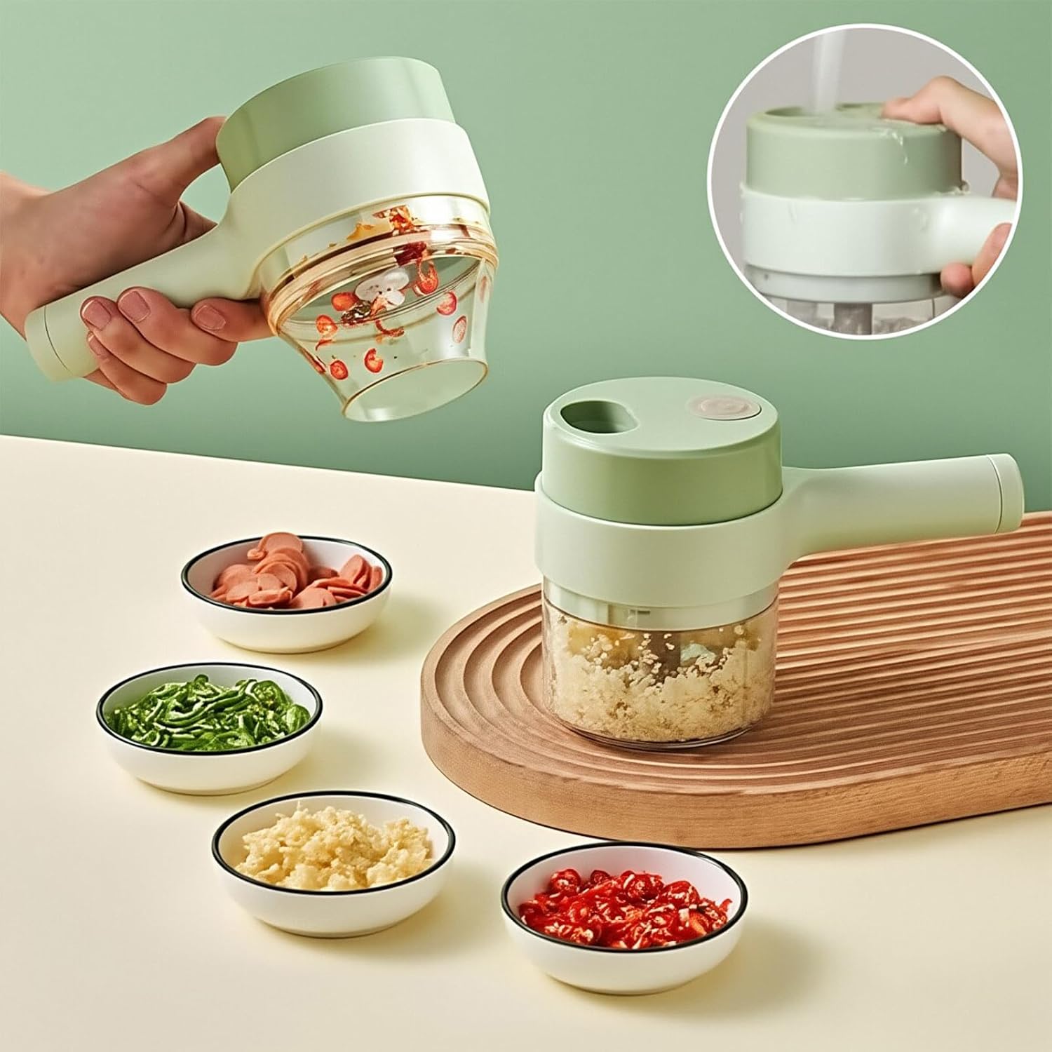 SakerPlus Electric Vegetable Cutter slicing celery directly into a bowl