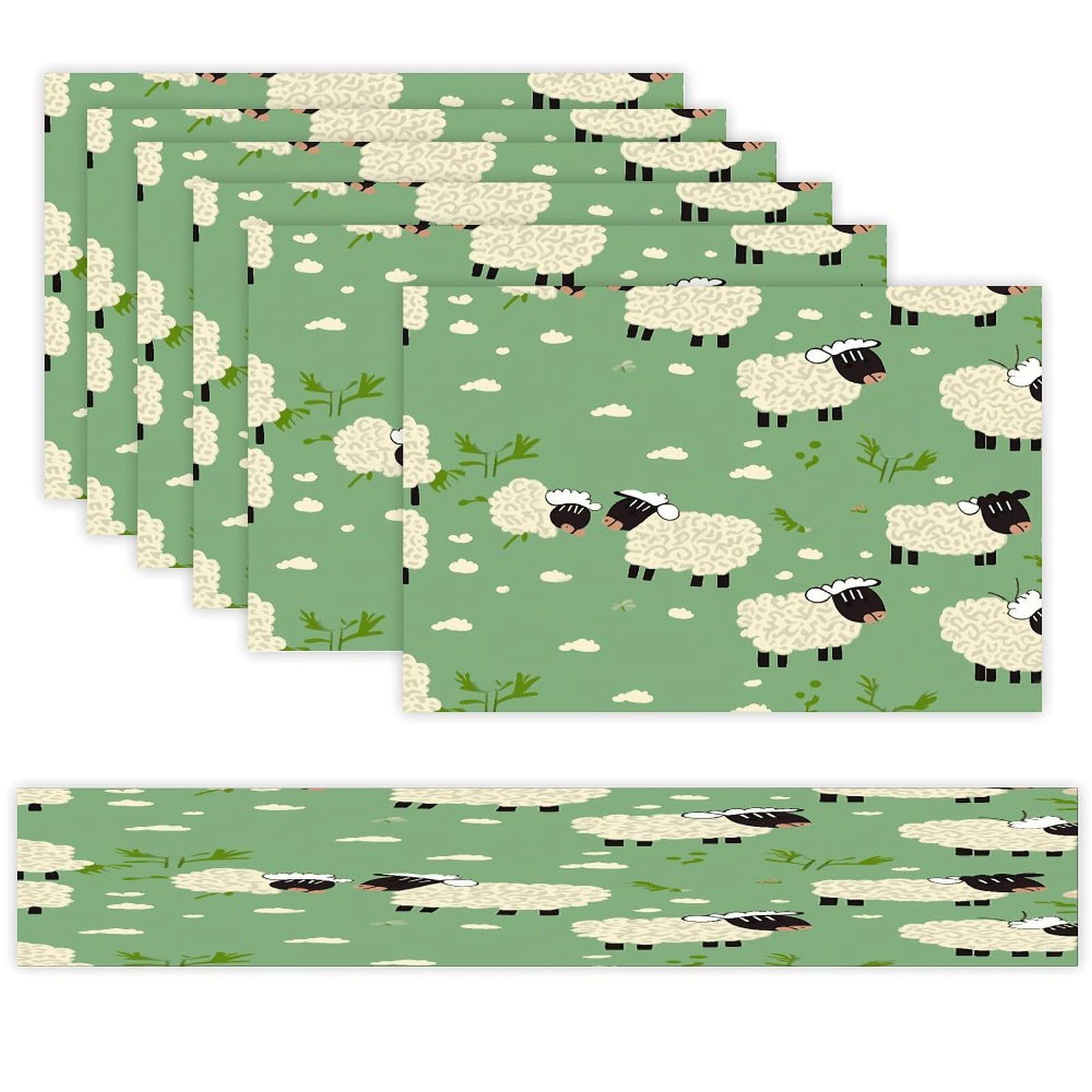Cute Cartoon Sheep Table Runner and Placemats Set of 6 Modern Art Table Runners Table Mats Heat Resistant Non-Slip Place Mats Washable Linen Dining Mat Sets for Kitchen
