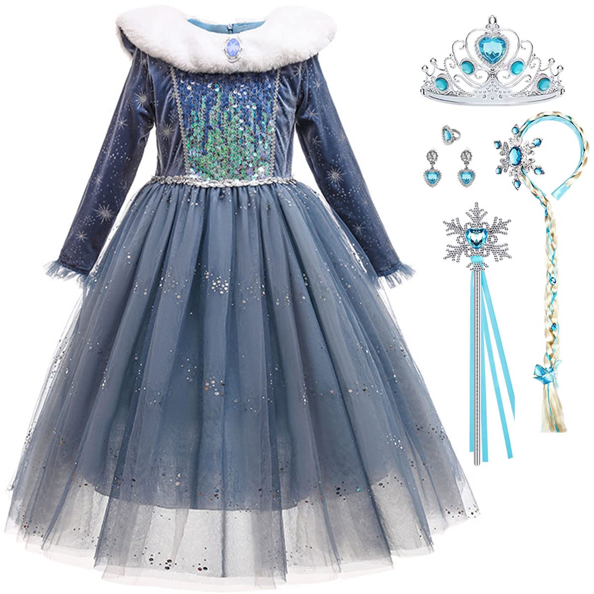 Snyemio Niñas Disfraz de Elsa Princesa Vestido Nieve Reina Azul de Carnaval Halloween Cosplay Navidad