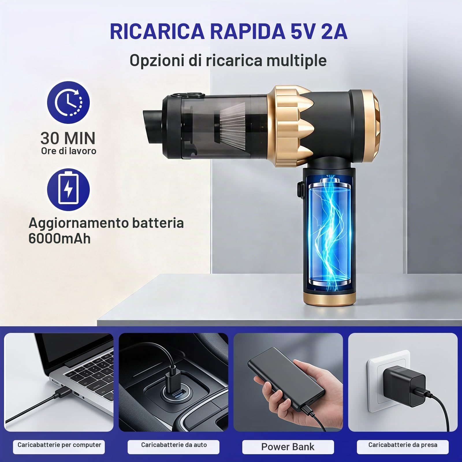 Aspirapolvere Auto Senza Fili Vacuum Cleaner, Aspirabriciole Portatile, Mini Aspirapolvere 4 in 1 26000PA, Aspira Briciole Potente Ideale per la Pulizia dell'auto e Della Casa, Oro Nero