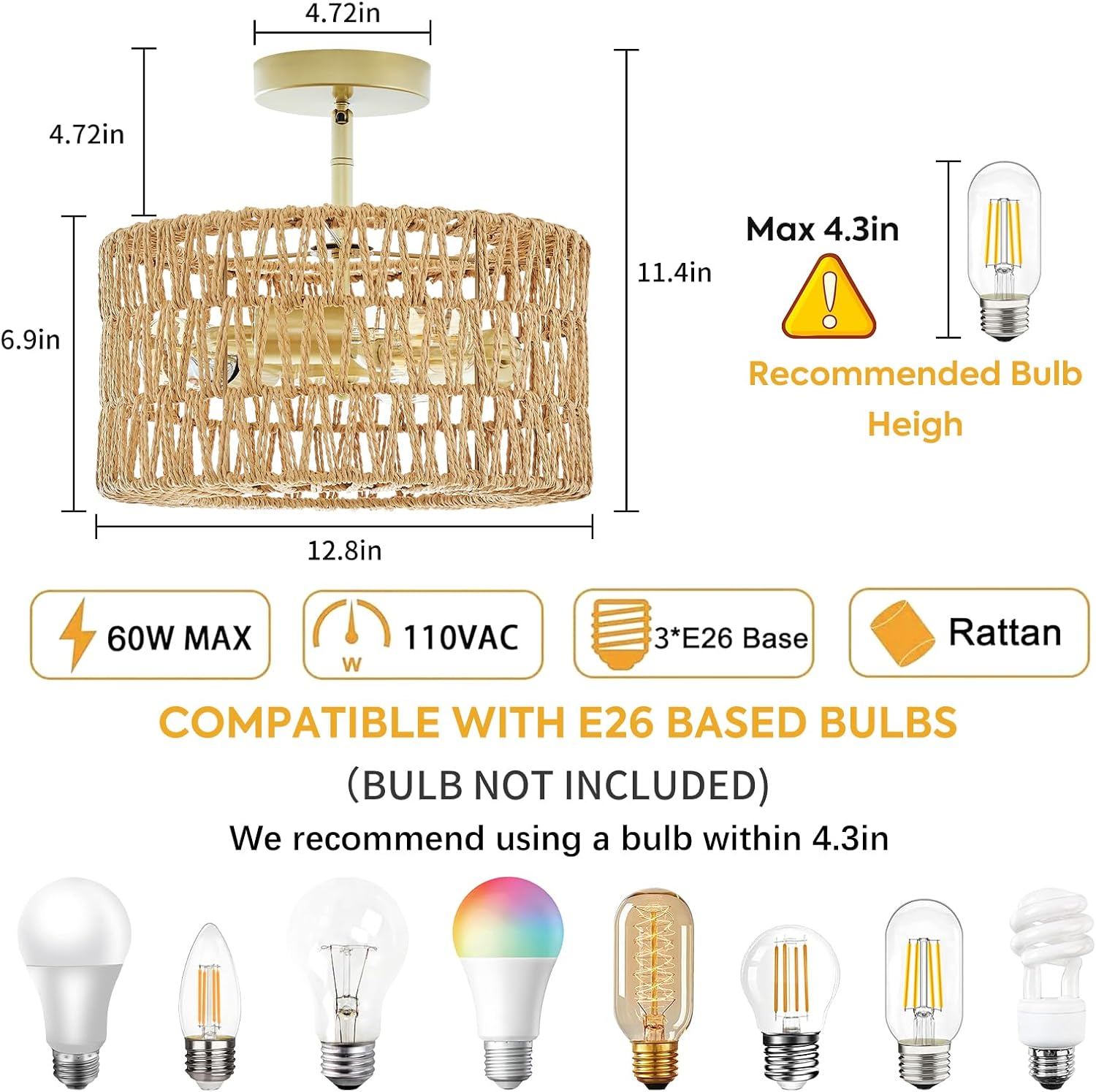 Rattan Ceiling Light Fixture, Boho Farmhouse 3-Lights Semi Flush Mount Ceiling Lamp with Hand-Woven Cage LampShade, Rustic Modern Gold Chandelier for Bedroom Closet Hallway Kitchen Nursery