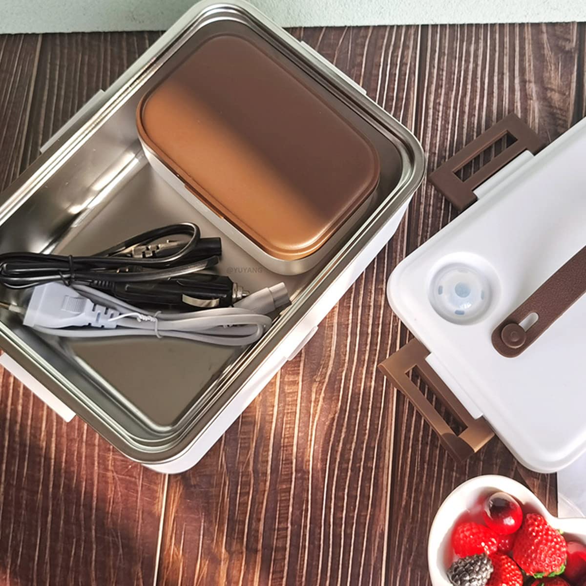 Fiambrera térmica, 80w Bento Fiambrera térmica 2 en 1 Cajón Almacenamiento de vajilla Contenedor de Alimentos eléctrico de Acero Inoxidable Microondas portátil