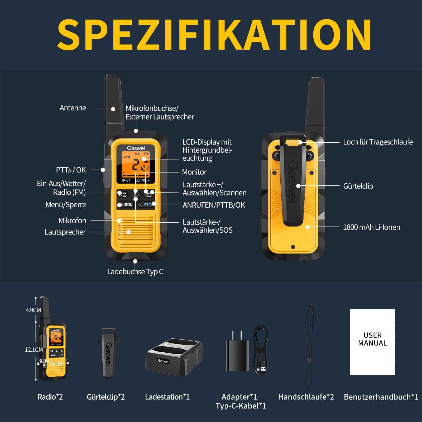 Gaswei G2Pro+ IP67 Wasserdicht Walkie Talkie FM Radio Hohe Reichweite | PMR 446 Profi Funkgerät Set mit VOX & SOS-Alarm,USB-C,Robust & langlebig ideal für Baustelle,Reisen,Camping & Outdoor