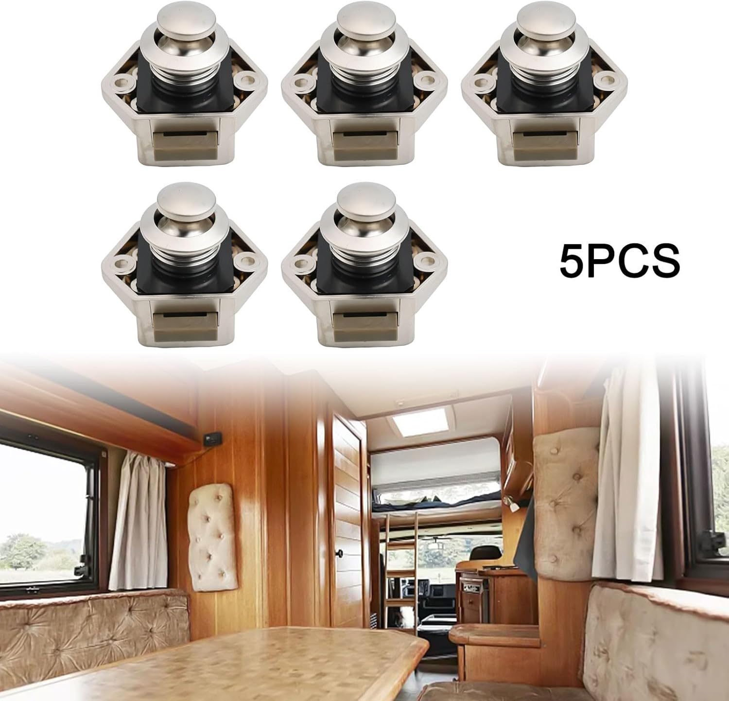 5-Pack Push Button Cabinet Locks RV Camper, Nickel Finish Cupboard Door Latches, Secure Storage Drawer Catches Trailers
