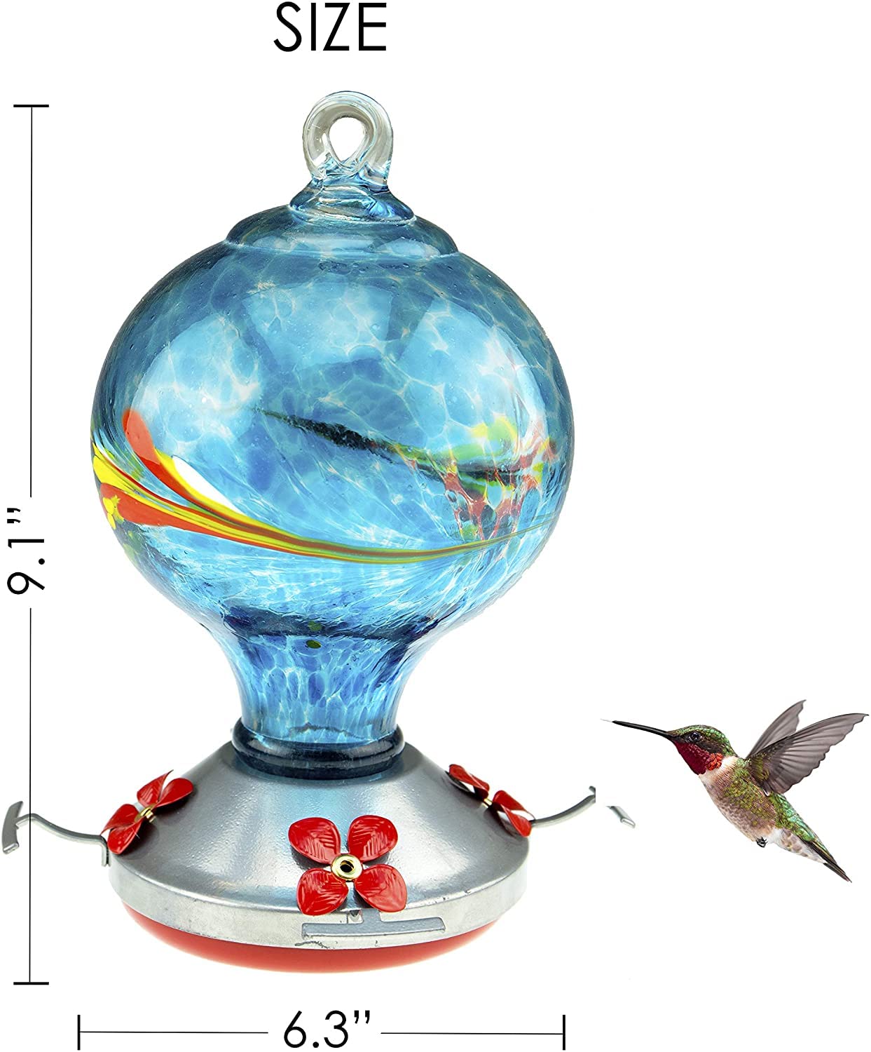 CLEVER GARDEN Hummingbird Feeder with Perch | Hand Blown Globe Glass in Blue | 29 Fluid Ounces Humming Bird Nectar Capacity with Hanging Metal Wires and Ant Moat Hook