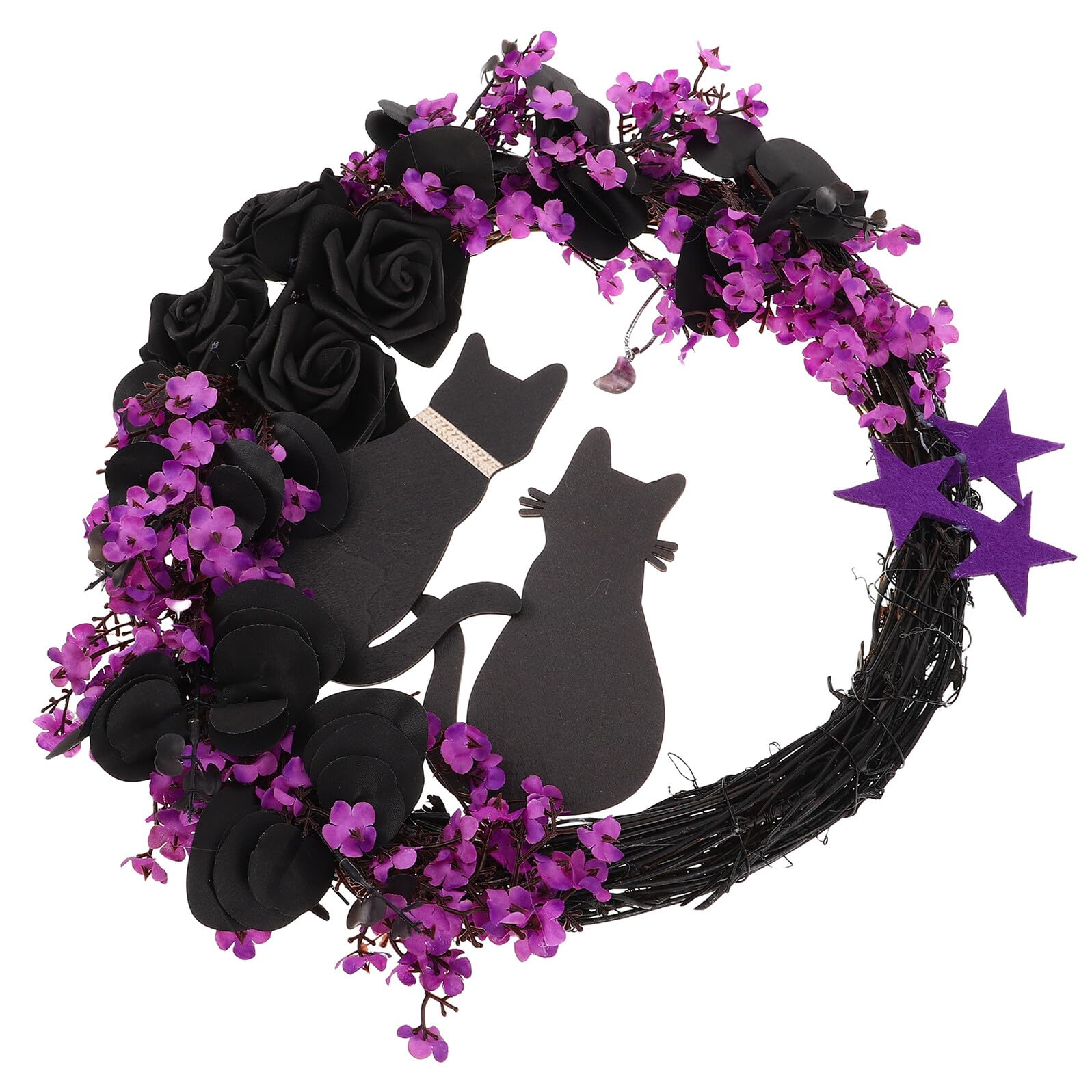 Couronne de porte Halloween chat noir et décor mural extérieur en rotin