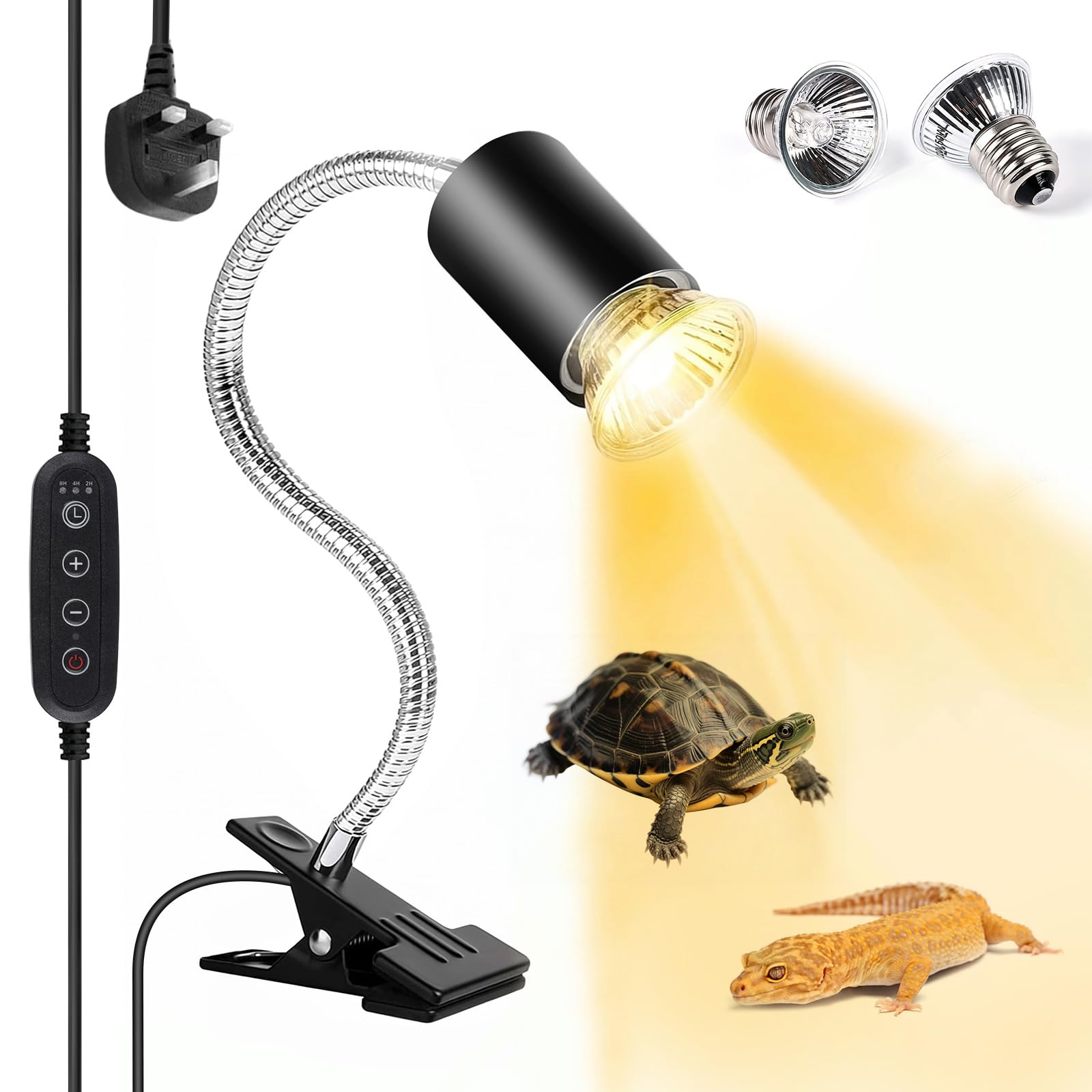 Tortoise Heat Lamp with Cycle Timer - 360ยฐ Rotatable reptile heat lamp Fixture Clamp Stand, 2Pack 50W UVA/B Heat Bulbs, 3 Level Brightness for Lizard Bearded Dragon Chicks Snake, Turtle Accessories