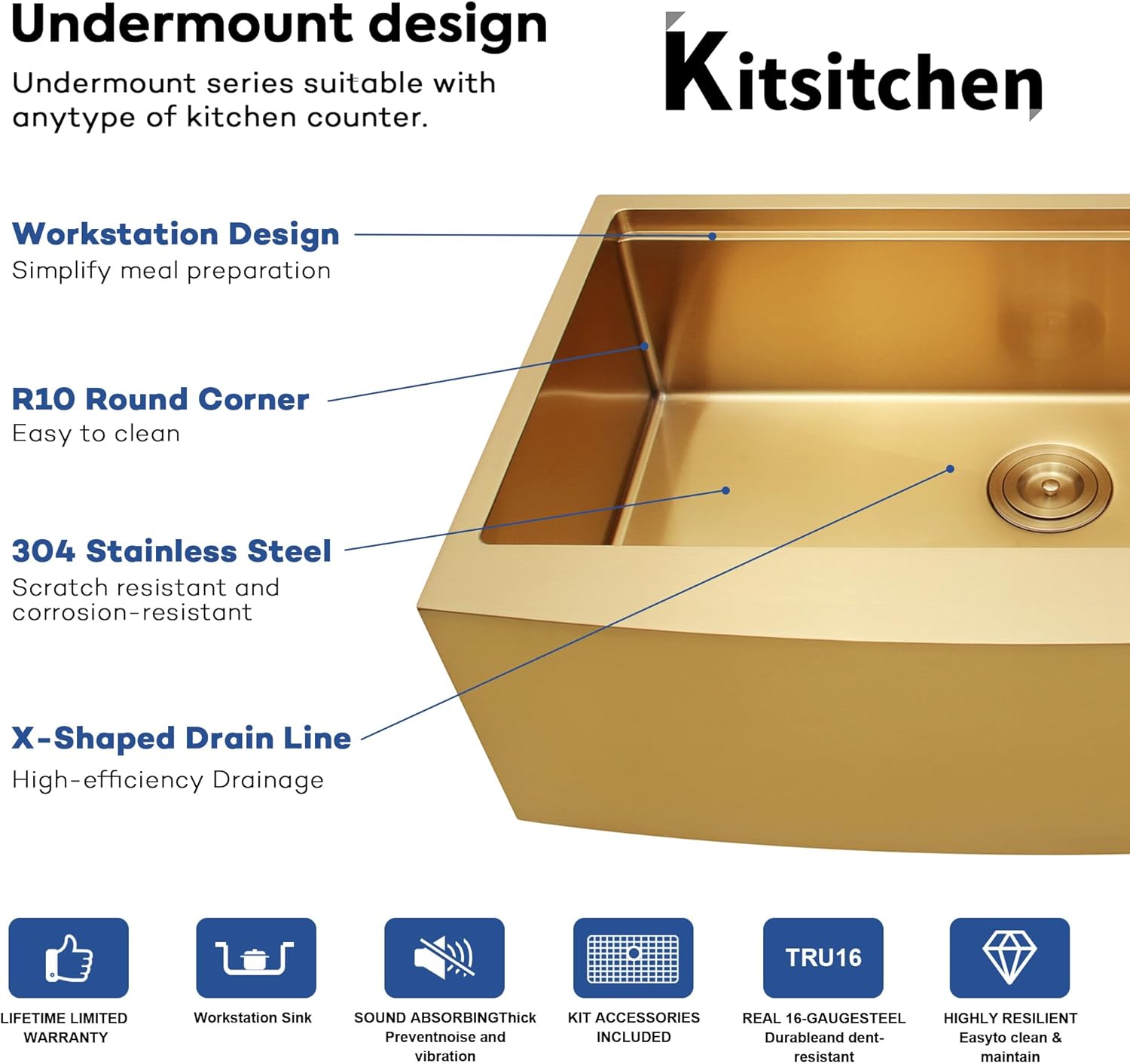 Kitsitchen 33 Inch Gold Farmhouse Sink,16 Gauge Single Bowl Workstation Stainless Steel Rustic Farmhouse Kitchen Sink,Large Apron Front Undermount Farm Kitchen Sinks with Accessories(33"x20"x10")