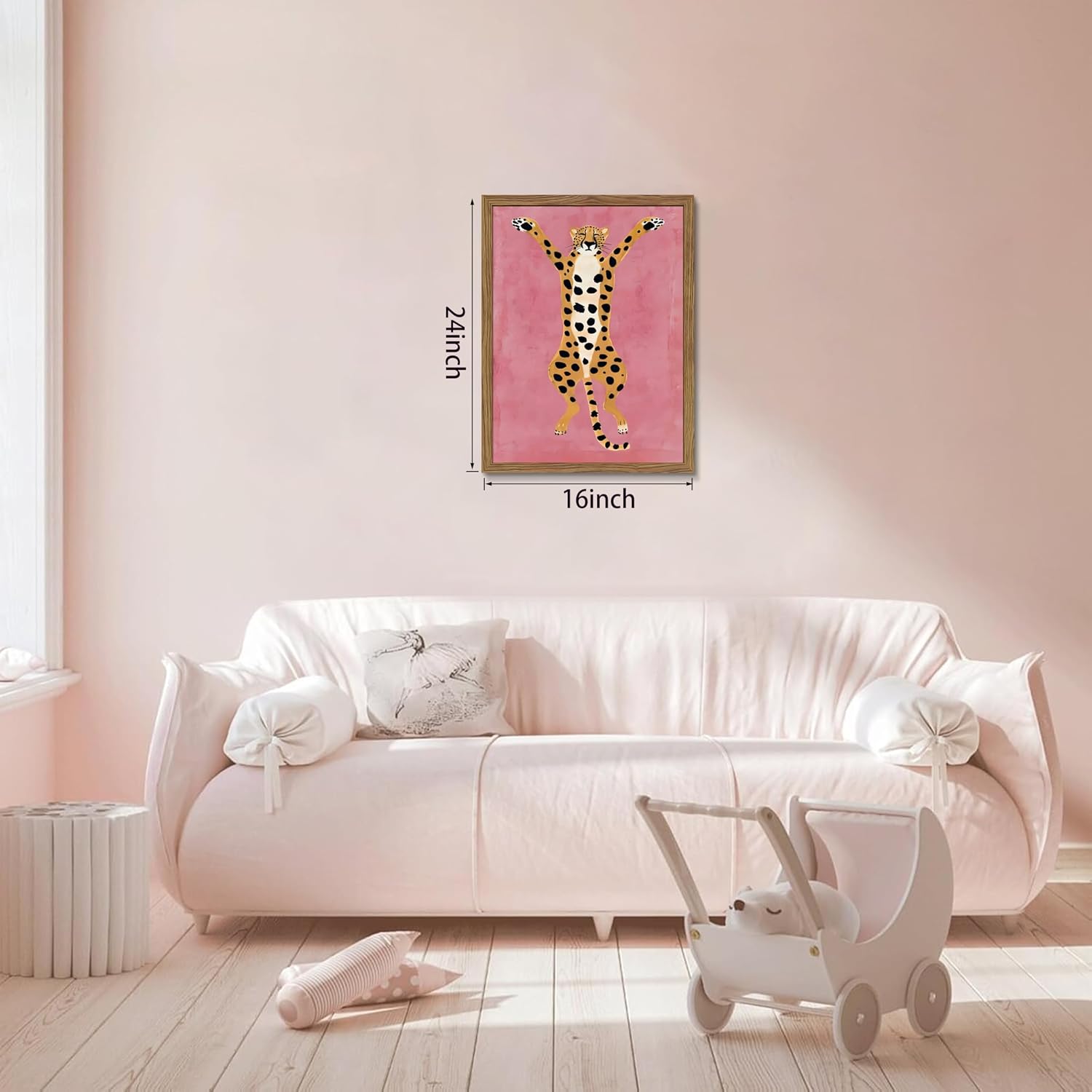 Framed Funny Cheetah Canvas Wall Art, Cute Stretching Cheetah Poster Print, Pink Background Animal Artwork, Modern Minimalist Wall Decor for Bedroom Living Room Kids Room Nursery 12x16in image 4