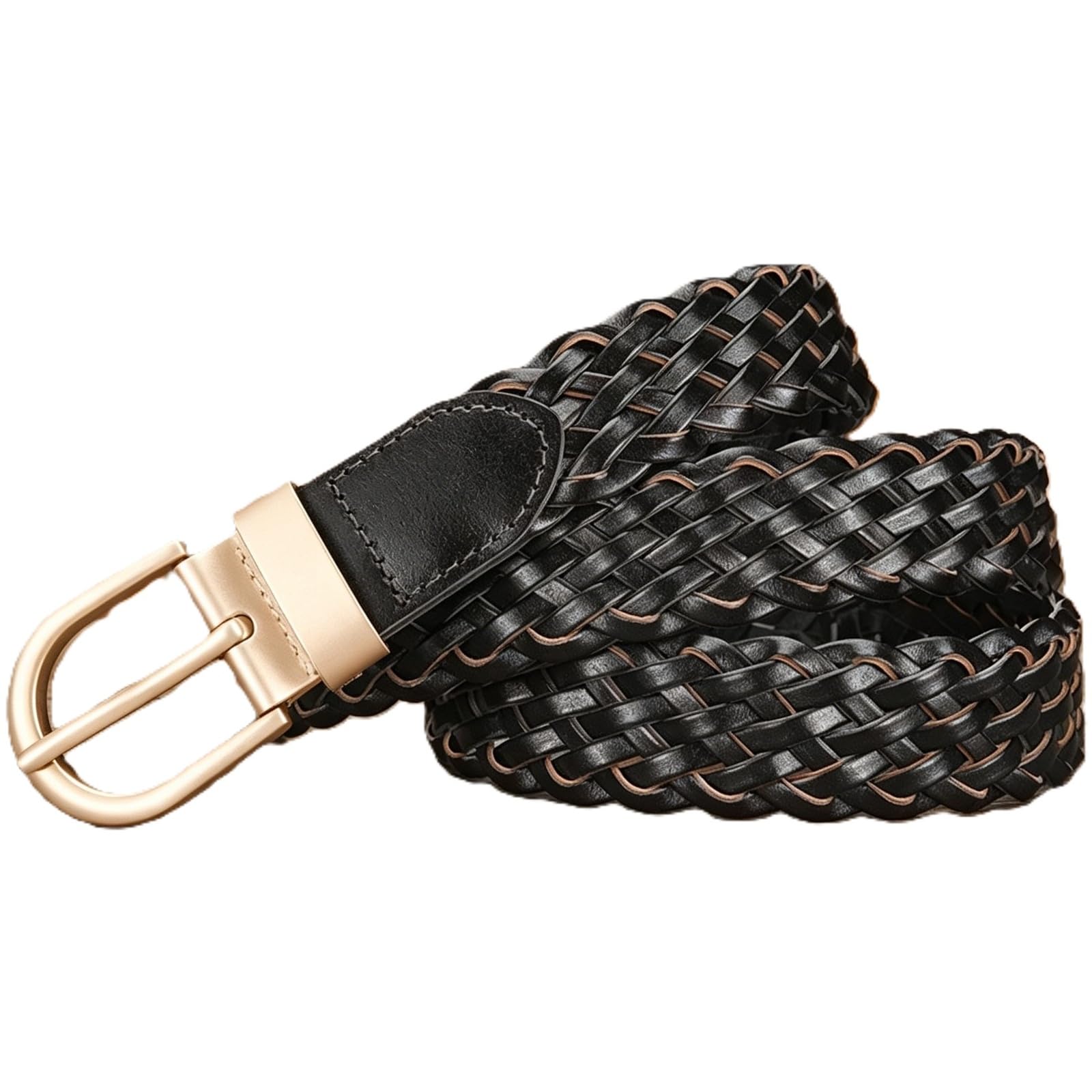 AGUTALITHIC Women Men Fully Adjustable PU-Leather Braided Belt Woven Strap with Solid Brass Buckle for Jeans, Pants or Dress(105cm/41, Black)