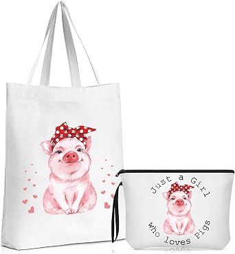 Sieral 2Pcs Pig Gift for Animal Lover Pig Canvas Tote Bag Zipper Pouch