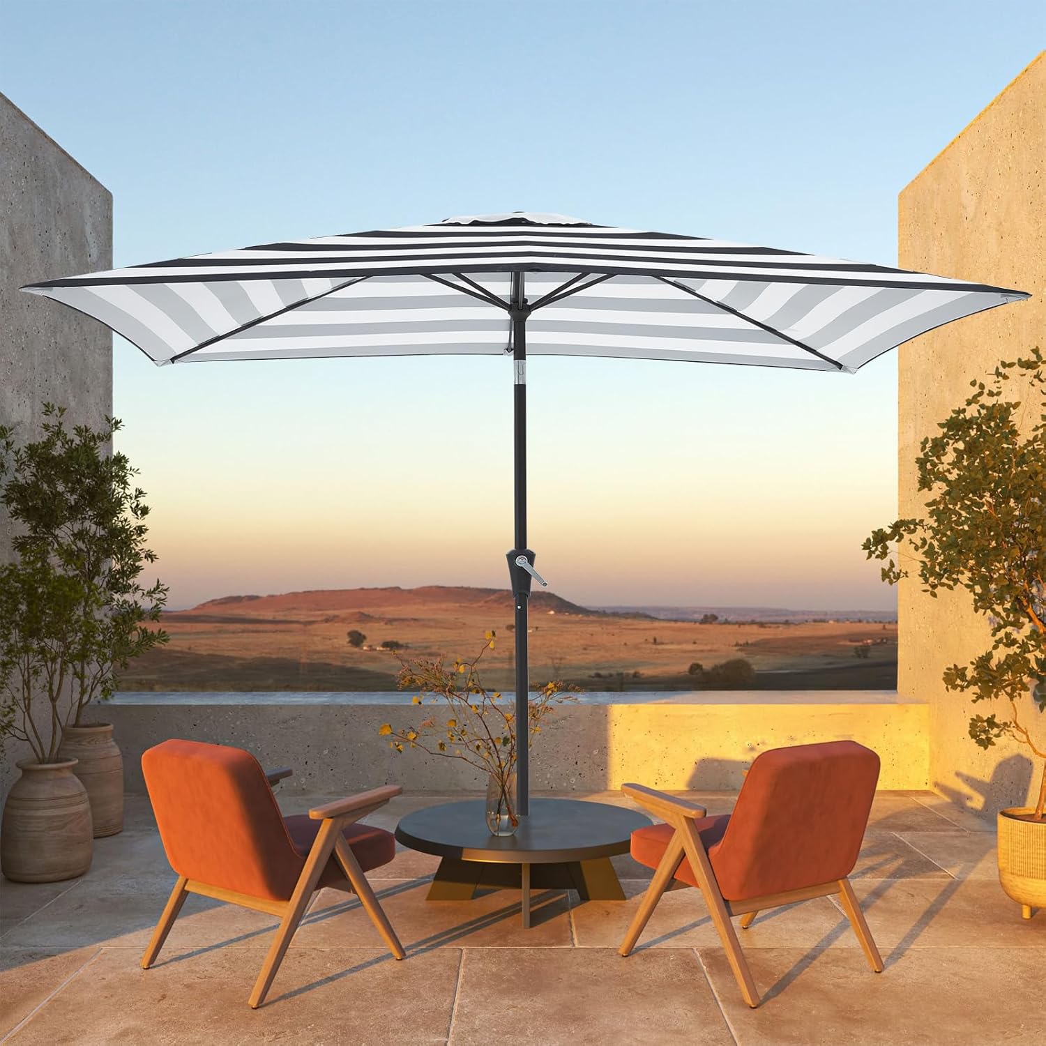 jearey 6.5x10 ft rectangular patio umbrellas rectangle outdoor umbrella with push button tilt and crank, market table umbrella 6 sturdy ribs uv protection for poolside garden backyard deck, black-white stripe 6.5x10ft black-white stripe