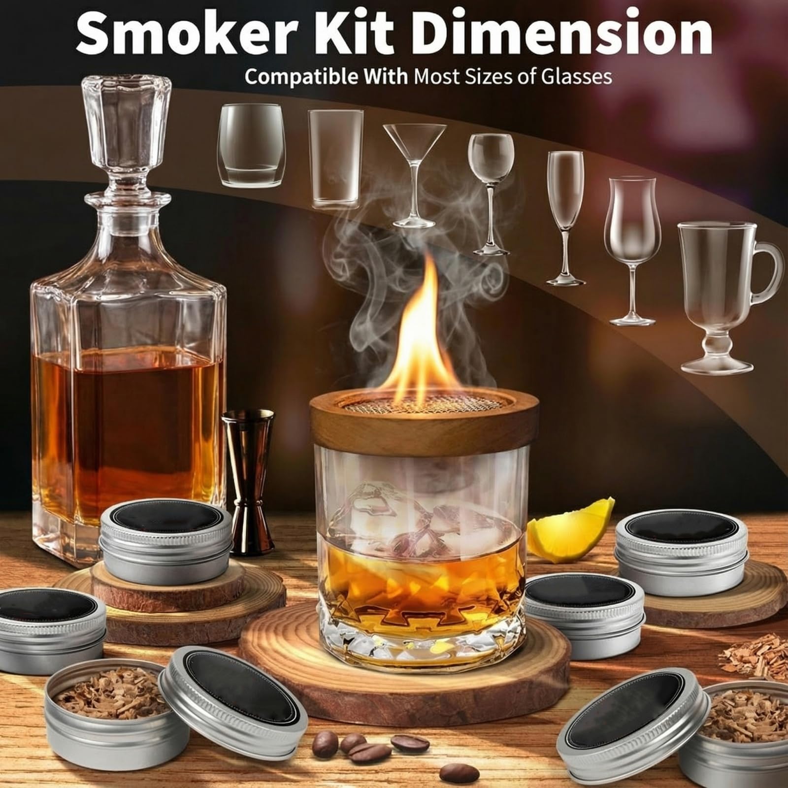 Kit Fumoir Whisky - Fumoirs Cocktails avec Copeaux de Bois de Fumage Naturels 8 Saveurs, Pierres à Whisky - Accessoires Bar pour Bourbon Boissons Fromage Cadeau Homme Père Petit Ami