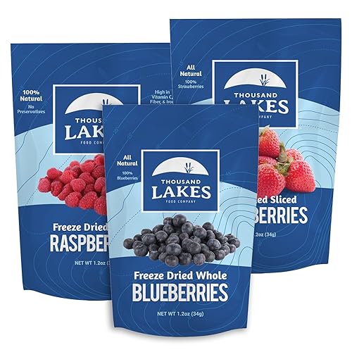 Thousand Lakes Paquete de bayas liofilizadas - Fresas 100% en rodajas, frambuesas enteras, arándanos enteros