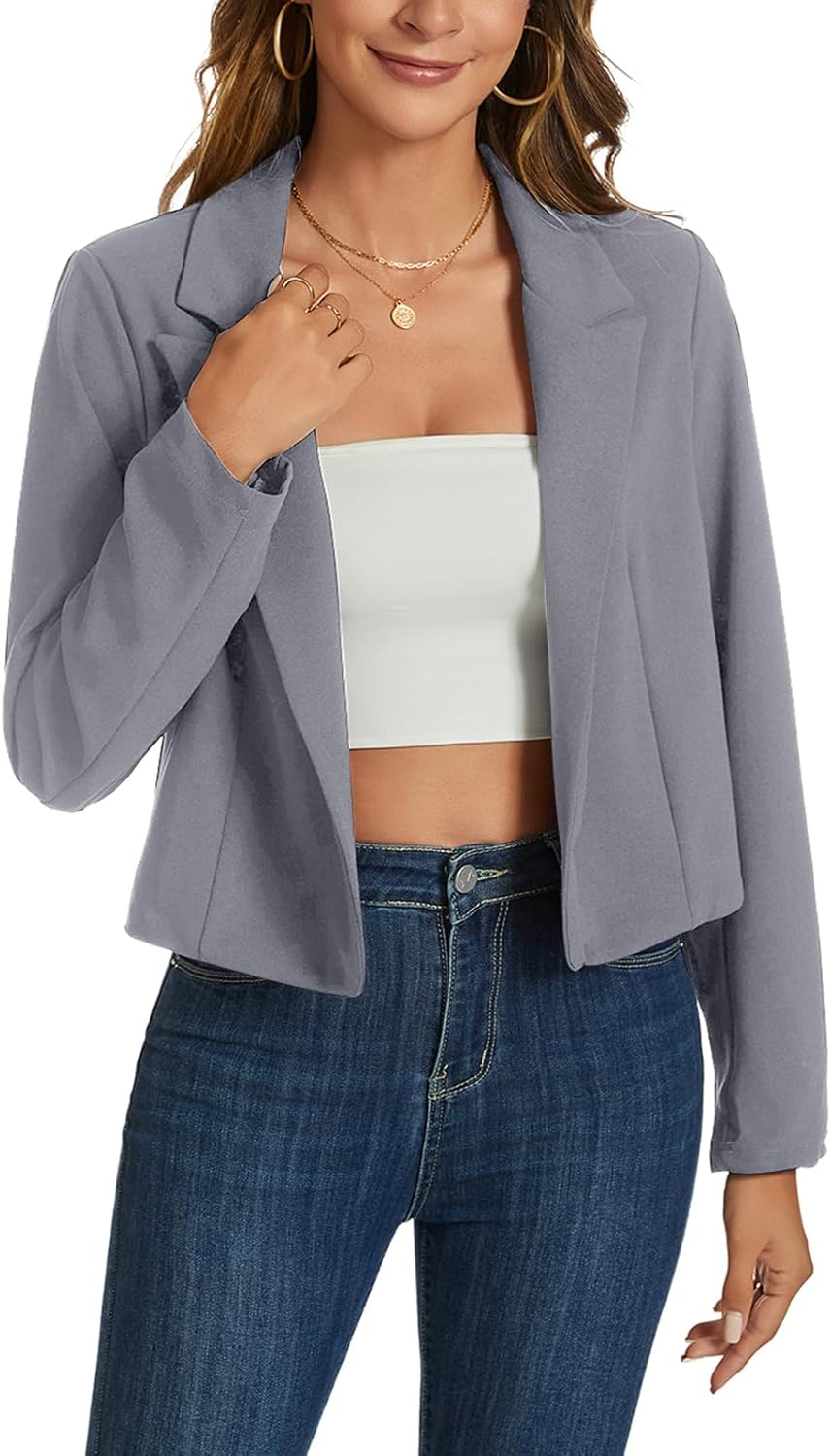 MINTLIMIT Cropped Blazers for Women Casual Long Sleeve Open Front Jackets Work Business Short Blazer with Decor Pocket