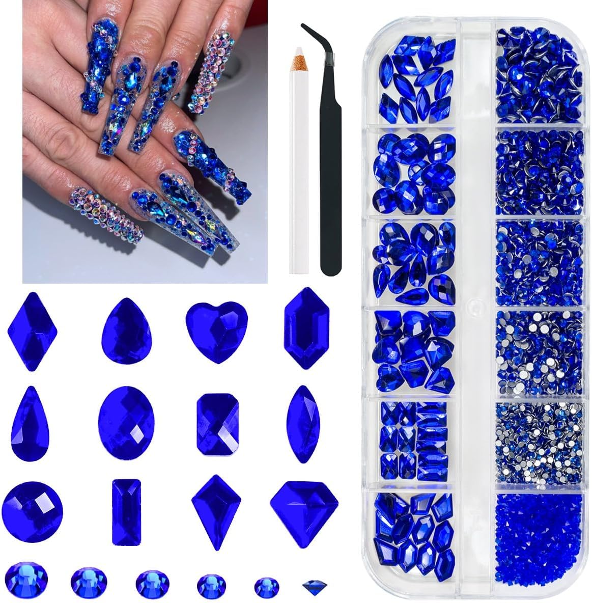 qiipii1300 Pcs Sapphire Blue Nail Art Rhinestones Kit Royal Blue Nail Charms 60 Multi Shapes Crystal Flatback Rhinestones Big Gems + 1240 Round Beads Glass Stones Diamonds Jewels for Nails Faces Eyes Makeup