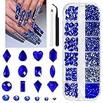 qiipii 2052Pcs Sapphire Blue Nail Art Rhinestones Kit Royal Blue Nail Charms Multi Shapes Crystal Flatback Rhinestones Big Gems + Round Beads Glass Stones Diamonds Jewels for Nails Faces Eyes Makeup