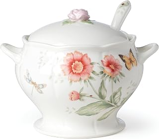Lenox Butterfly Meadow 2-Piece Porcelain Tureen & Ladle Set - Elegant Floral Soup Server, Dishwasher & Microwave Safe