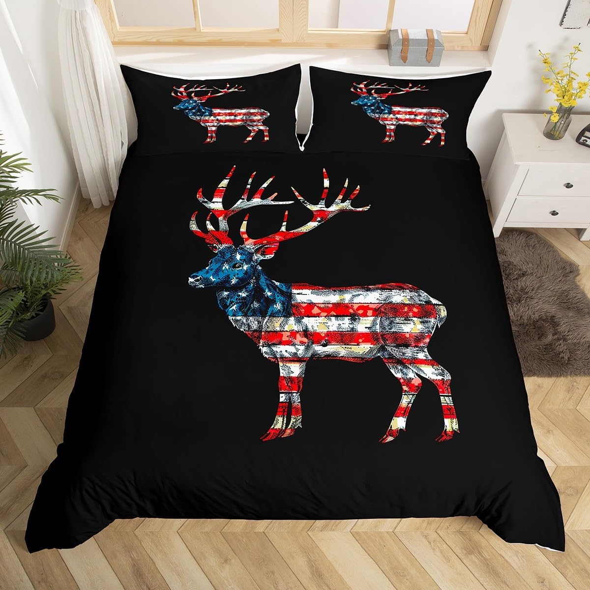 Castle Fairy America Flag Duvet Cover Toddler Size,Deer Silhouette Bedding Set 2 Pcs for Boys Girls,Wild Animal Comforter Cover(No Filler),Kids Quilt Cover