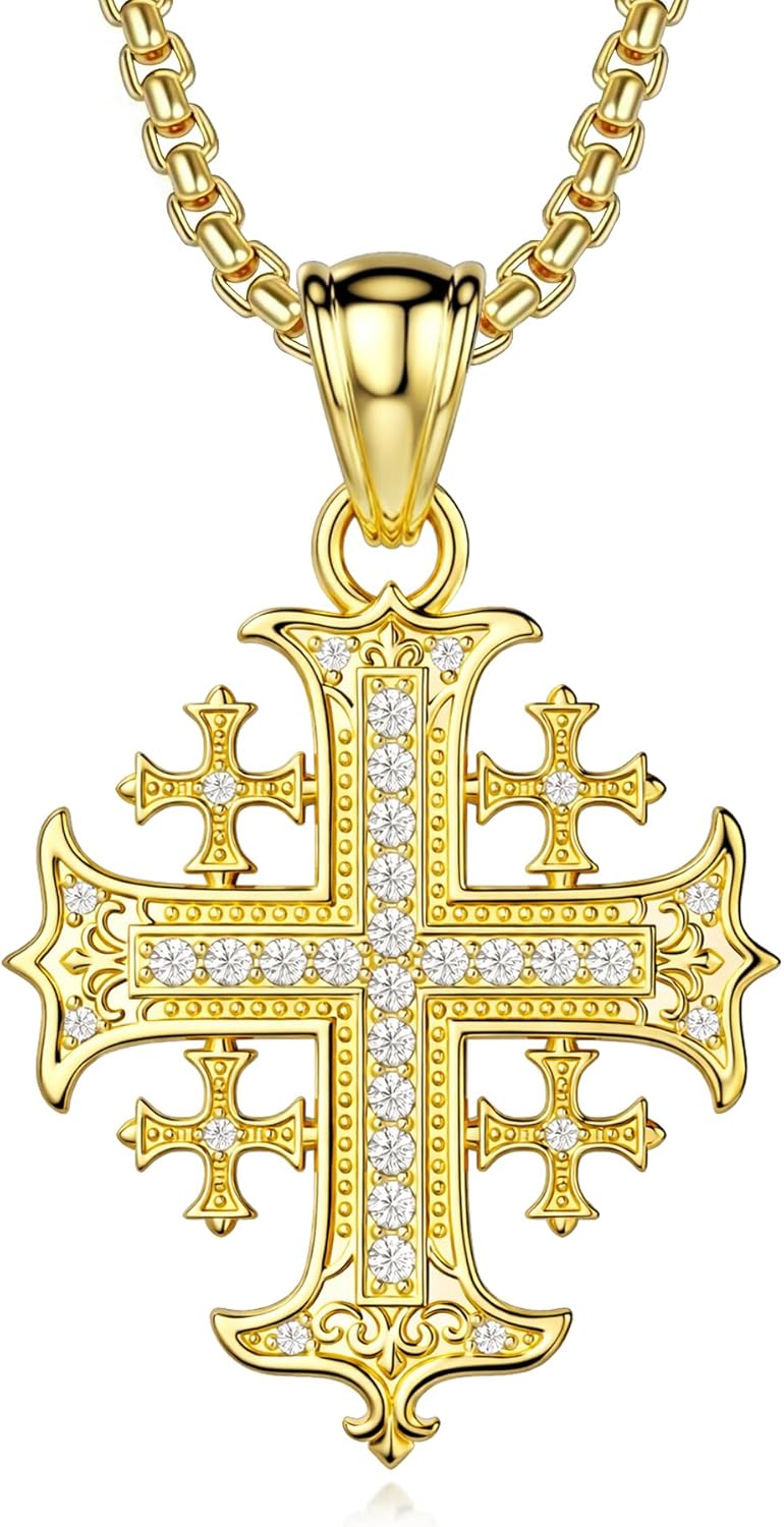 Jerusalem Cross Necklace for Men, Sterling Silver/Gold/Onyx Men's Cross Pendant Necklace, Religious Faith Spiritual Strength Christian Jewelry Gift for Men Husband Father Boyfriend Him
