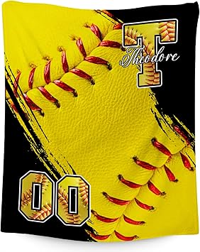 Custom Softball Blanket, Soft Sport Throw Gifts with Name, Cozy Flannel Throw Blankets for Bed Living Room, 60"x80" Gift for Adults