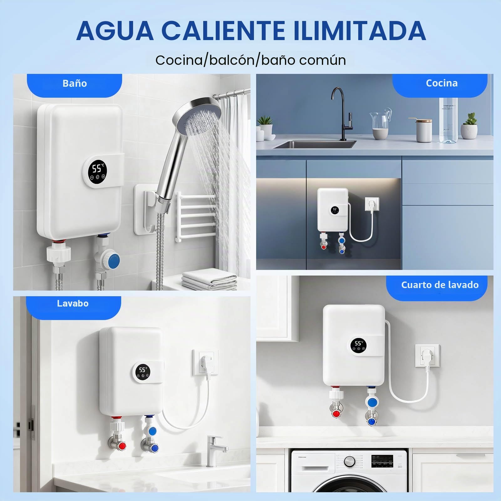 Calentador de agua instantáneo mini, 5500 W, 220 V, eléctrico, para debajo del fregadero, con pantalla LCD de temperatura, controlado electrónicamente. Ideal para ducha, baño y cocina