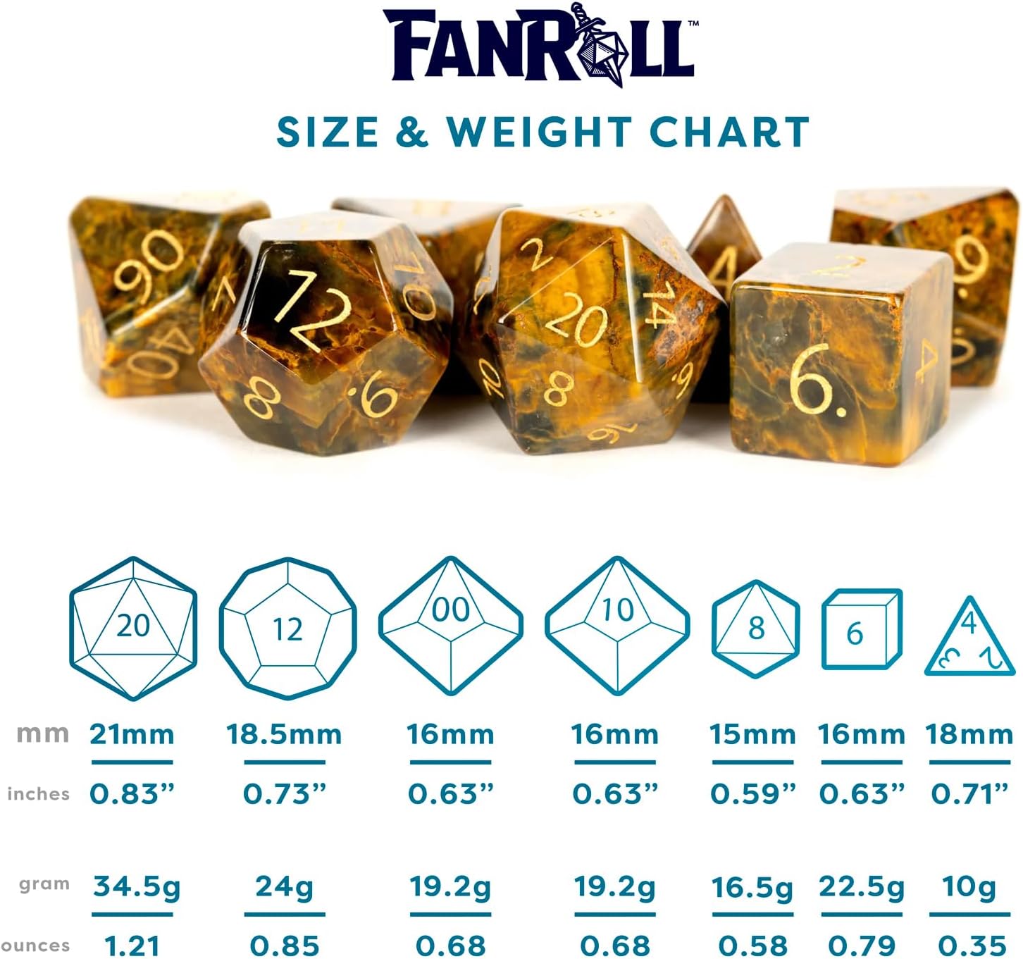 FanRoll 16mm Stone Poly DND Dice Set: Engraved Matrix Tiger's Eye, Role Playing Game Dice for Dungeons and Dragons