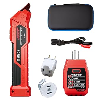NF-827S Circuit Breaker Locator, GFCI Outlet Tester, Circuit Breaker Finder Tool, 90-120V AC Digital Circuit Finder with NCV Testing and Flashlight, Includes Carrying Case and Adapters