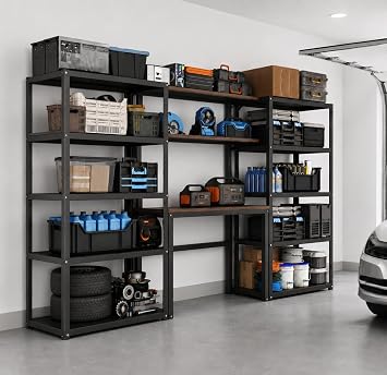 FLEXIMOUNTS Garage Storage System with Workbench and Shelving, 117" Modular Garage Organization System, Heavy-Duty Steel Storage Shelves & Workstation, Open Rack Design, Black, FLEXIMOD Series