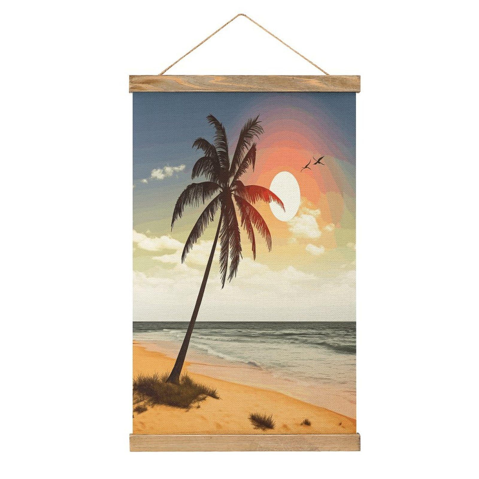 JTREHY Palm Tree on Beach Linen Hanging Painting Vintage Poster Wall Art Prints Personality Style Wall Hanging Poster for Living Room Office Bedroom Decor Frame 13.2 X 20.47 Inch
