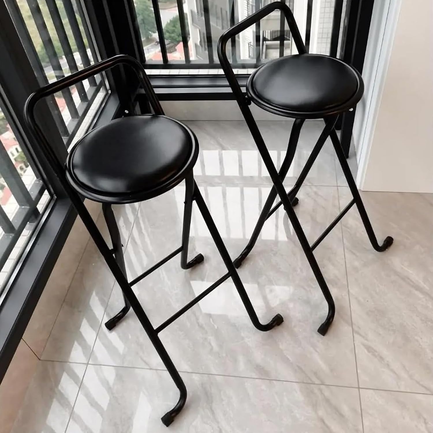 PU Padded Folding Stool, 28-Inch Height Foldable Indoor Tall Stool with Handle, Kitchen High Chair for Breakfast