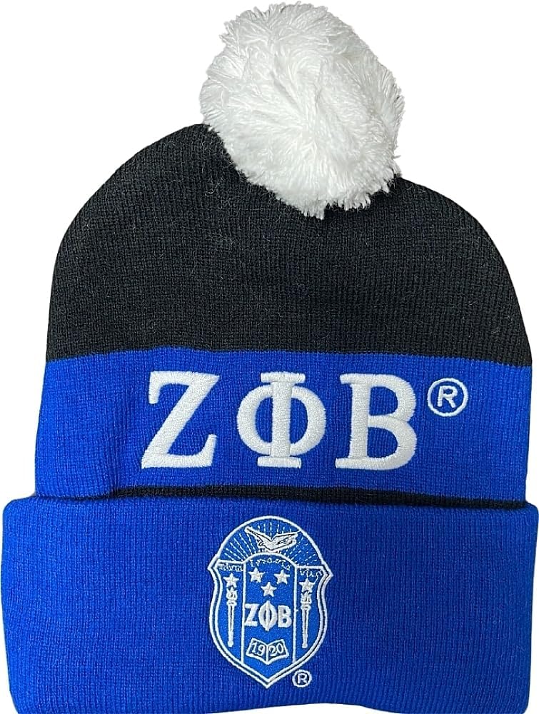 Zeta Phi/Φ Beta Embroidered Knit Beanie with Ball [Black] - ID#72023