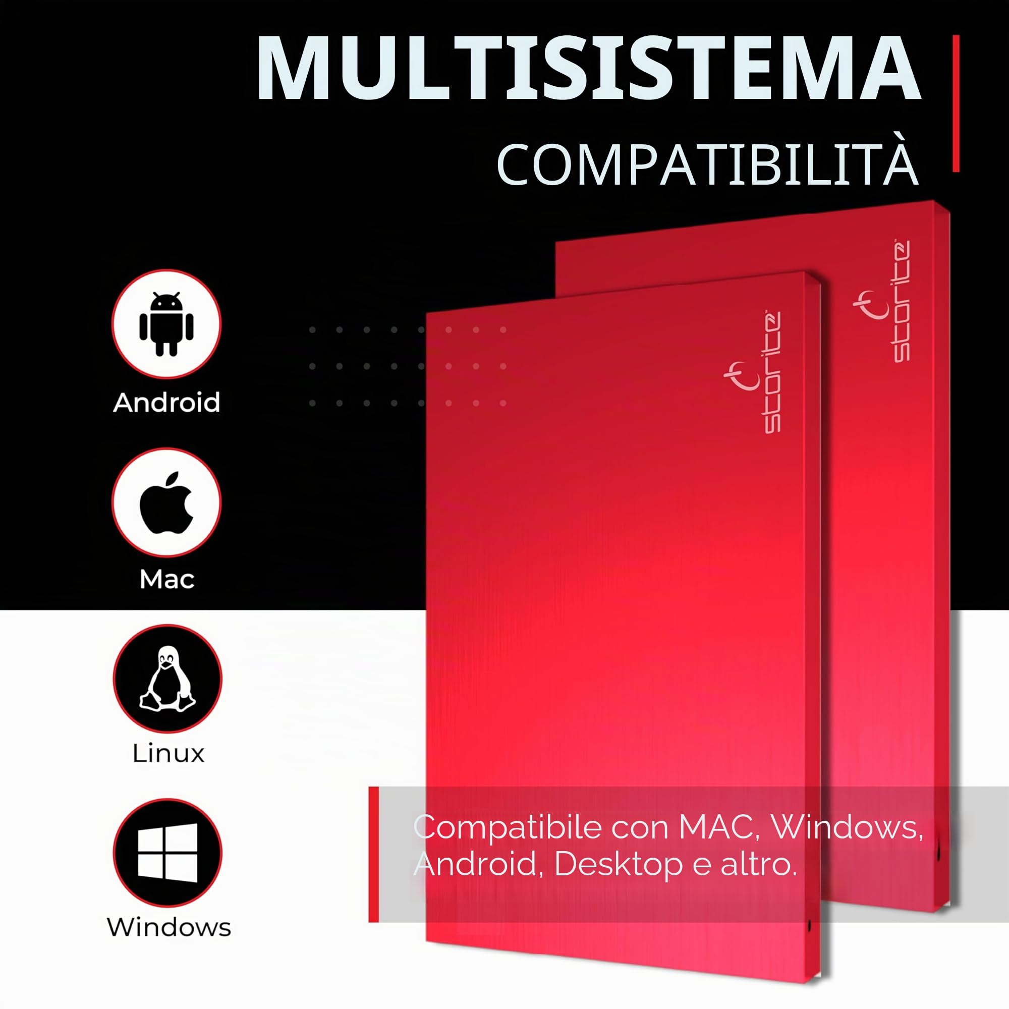 Storite Disco rigido esterno portatile 1 TB 2,5 pollici USB 3.0 Rosso