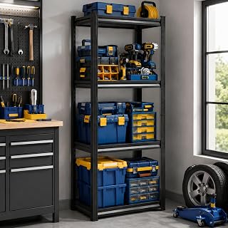 Boltless Garage Shelving, Adjustable All-Steel Storage Organizer for Small Apartments, Pantry and Sheds, Freestanding Metal Utility Rack for Organizing Totes, 4-Tier, 44.1"H × 15.7"W × 11.8"D