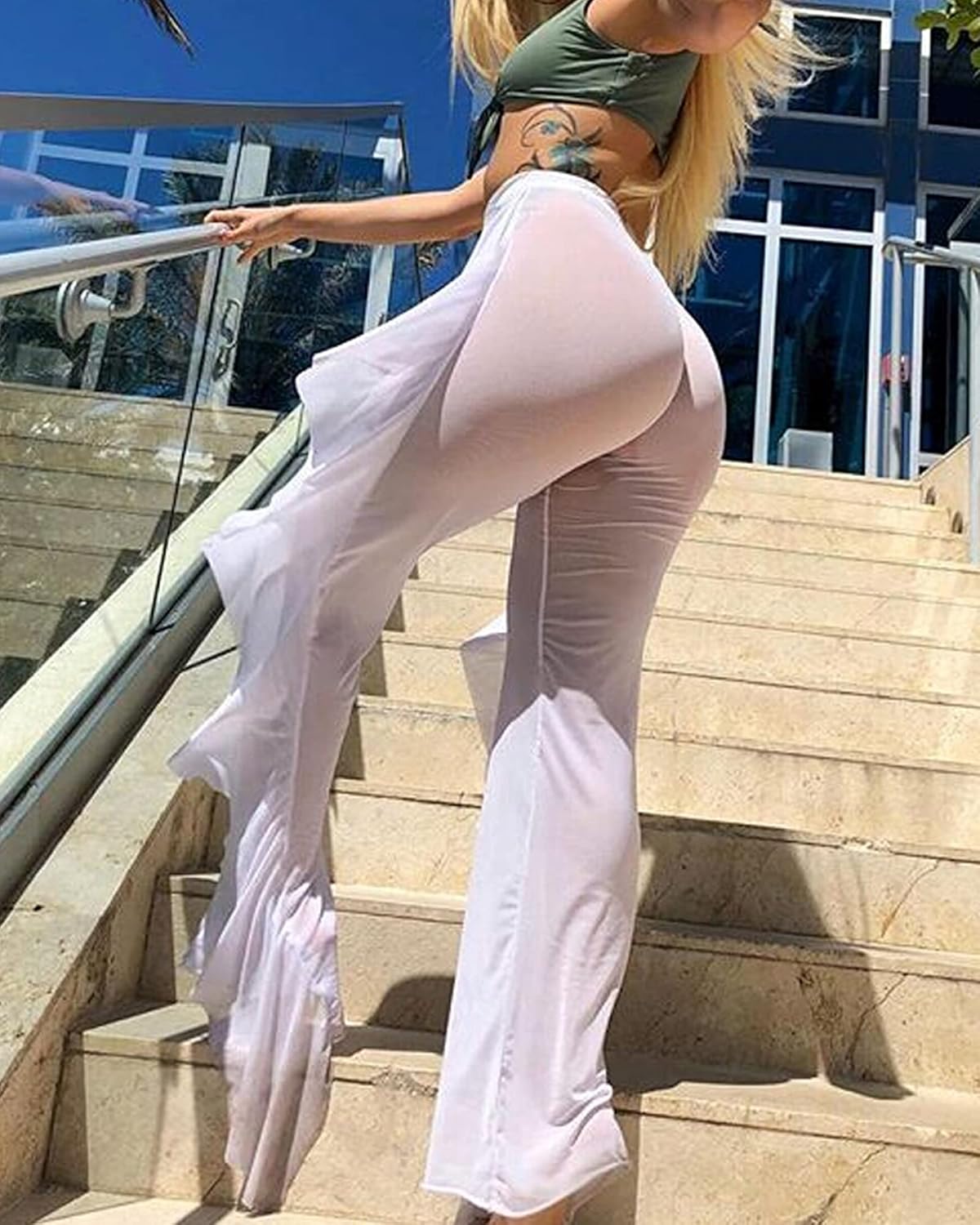 Springcmy Women Ruffle Sheer Mesh Pants See Through Bikini Bottom Swimsuit Cover up Wide Leg Beach Pants - Image 5