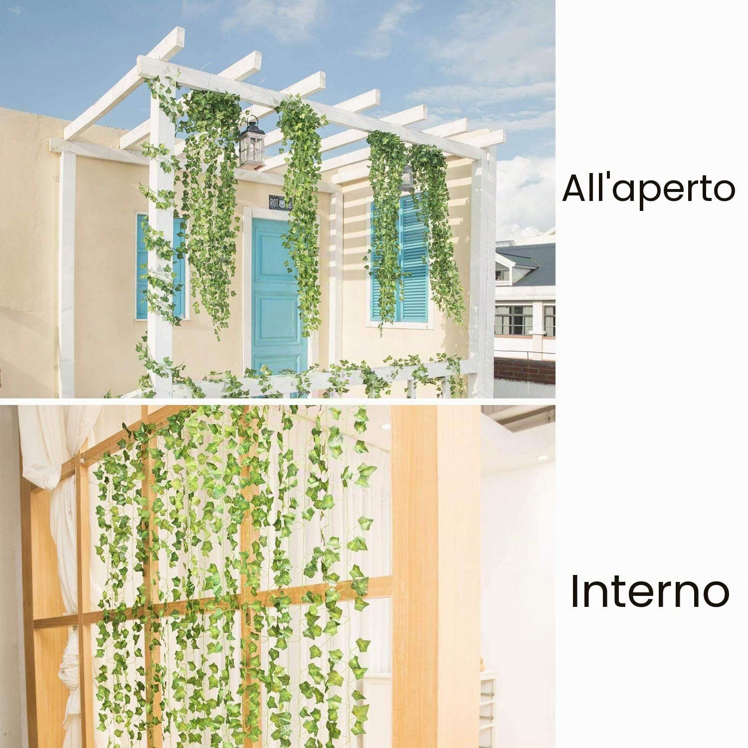 Confezione da 12 viti finte per decorazione della stanza, ghirlanda di edera artificiale con clip di fiori verdi, piante appese finte foglie vegetali per camera da letto, parete, matrimonio