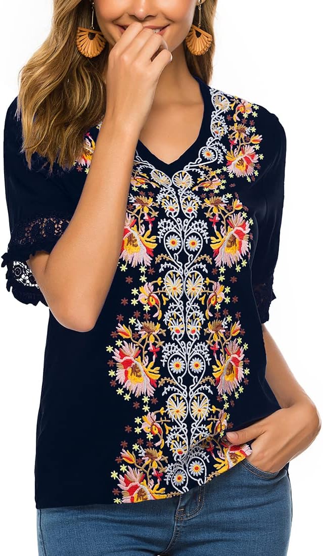 AK Women's Summer V Neck Boho Embroidered Mexican Shirts Short Sleeve Casual Tops Blouse - Image 2