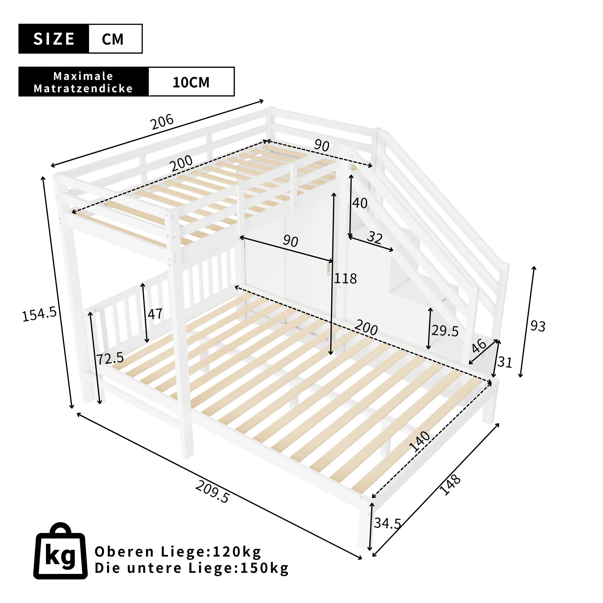 Letto a castello con guardaroba, letto a castello per bambini, 90 x 200 cm + 140 x 200 cm, multifunzione, con scaletta, grande spazio di archiviazione, senza materasso, bianco