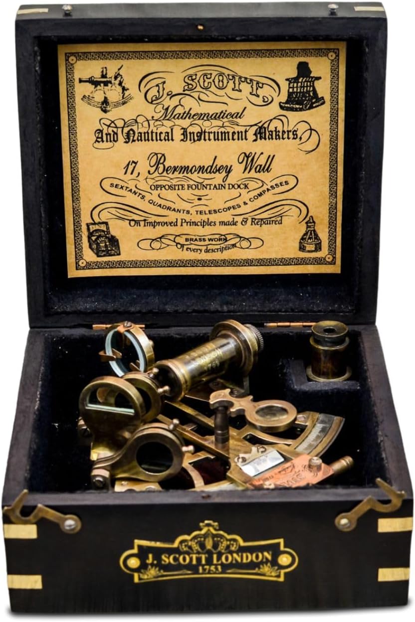 Antique Brass Nautical Sextant Wooden Box-Navigation Instruments Nautical Sextant -C-1679 J. Scott London Brass Sextant 5" for Mariners Surveyors- Vintage Style