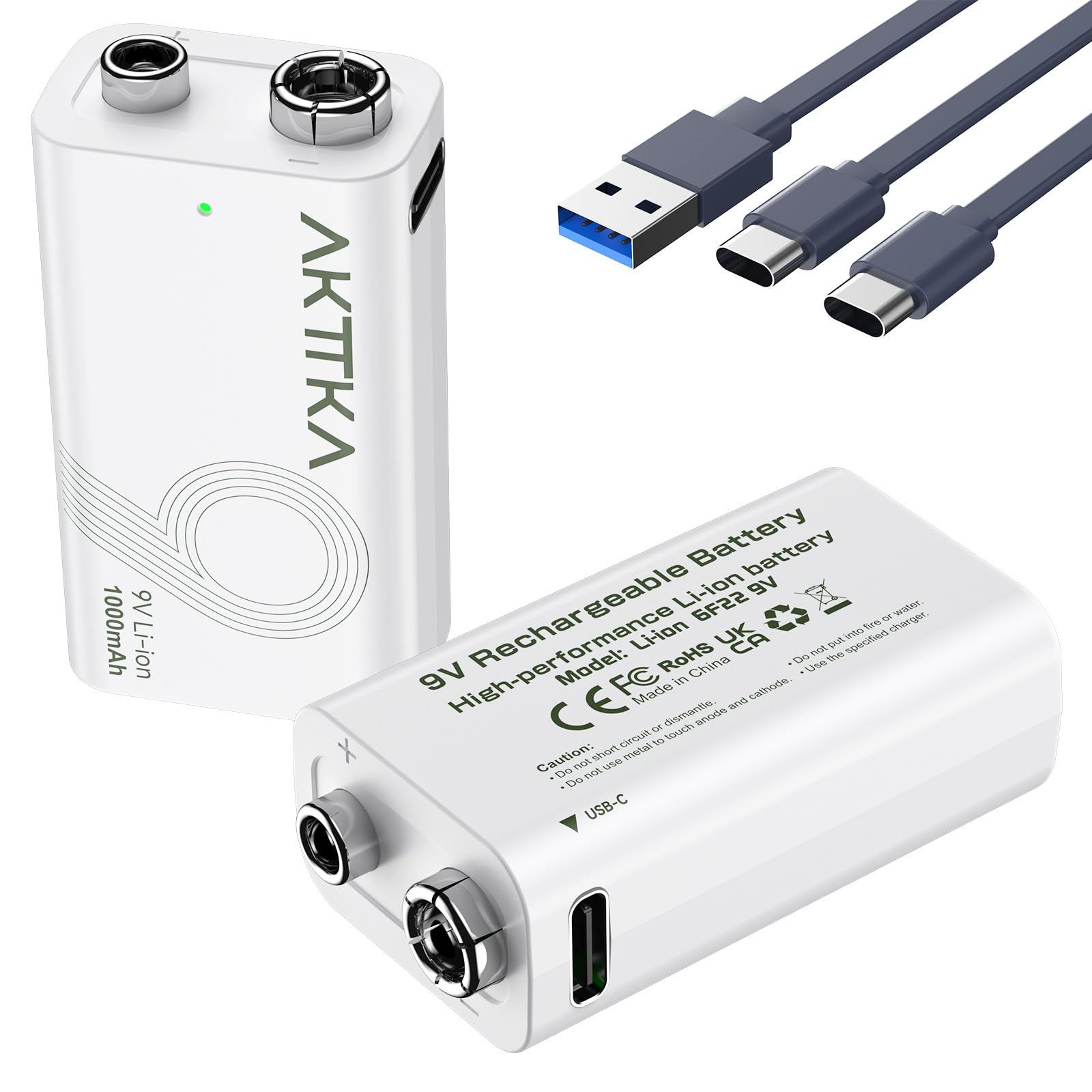 Pack da 2 Batterie al Litio Ricaricabili 9V da 1000mAh, con Cavo di Ricarica Type-C, Ideali per Dispositivi di Precisione come Multimetri Portatili, Rilevatori di Metalli e Tester di Cavi